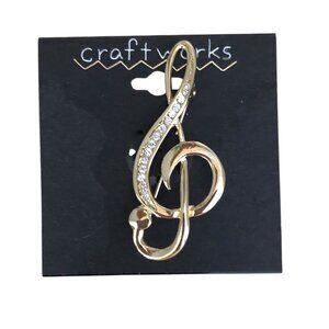 Vintage Craftworks Treble Clef Brooch Gold Tone with Rhinestone Accents NEW